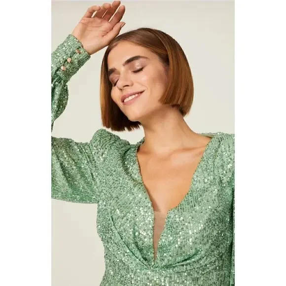 B34 Mac Duggal Sequin Blouson Sleeve Mini Dress Womens 4 Retro Swiftie Vegas - Picture 3 of 8